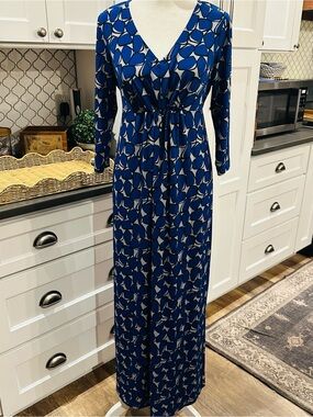 Vintage 90s Y2K Blue Geometric Print Empire Waist Maxi Dress XS Stretch Retro
